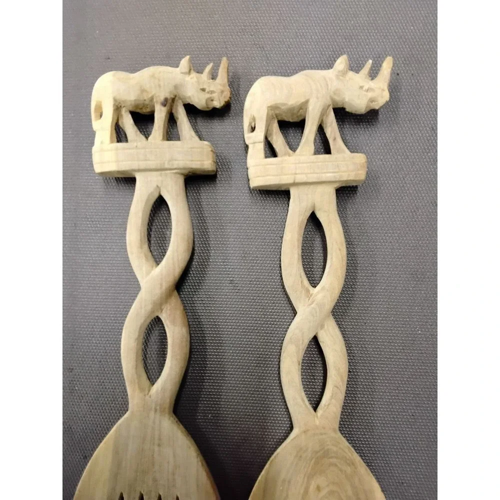 Handcarved Wooden Rhino Salad Servers African Safari Kitchen Utensils‎ Set